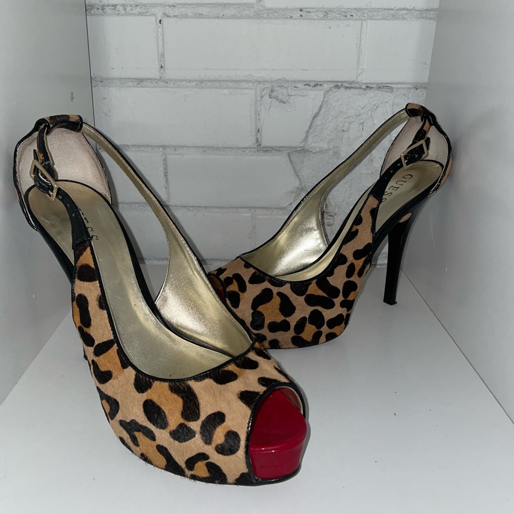 Guess Wild Leopard Pony Hair Peep-toe Heels